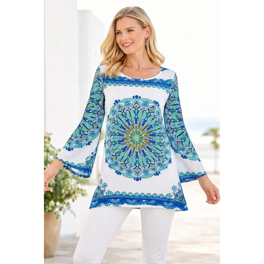 Sunny  Women XL Blue White Medallion Print Tunic Top Flared Sleeves Peasant Chic